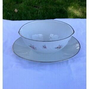 Vintage Noritake China Mabel (6357) Oval Gravy Boat w/ Attached Underplate Japan